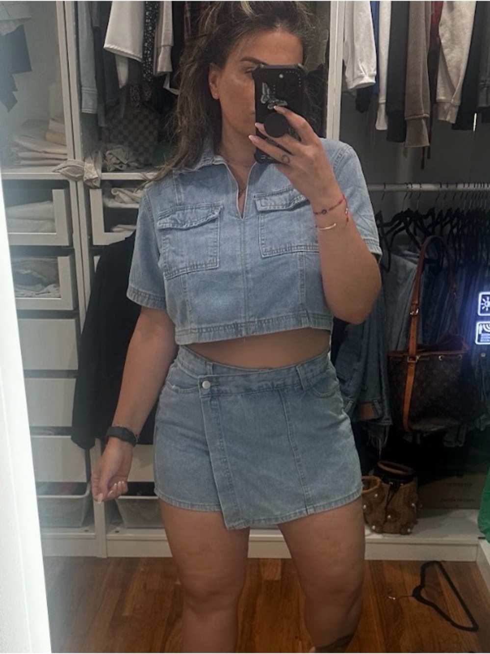 Light Blue Denim Crop Jacket & Skort Set